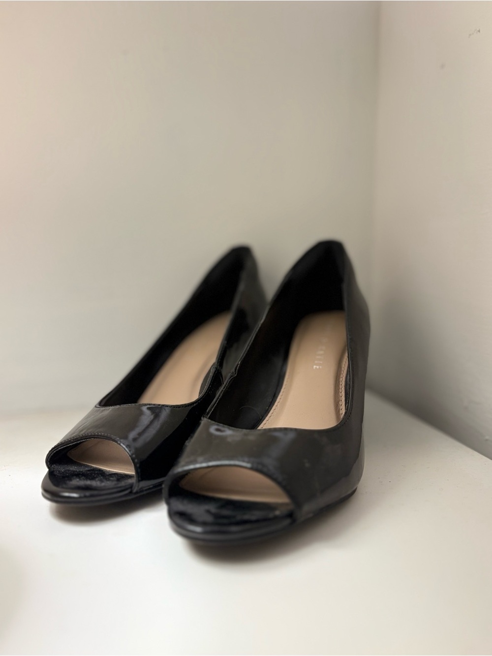Kelly & Katie Black Patent Peep-Toe Wedges